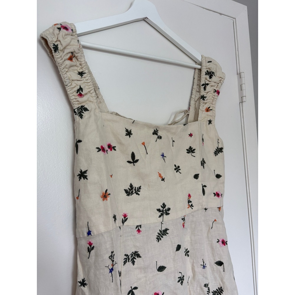 Zara Midi Dress XL Cream Floral Embroidered Linen Flower Lace Up Back Slit Boho - Picture 3 of 8